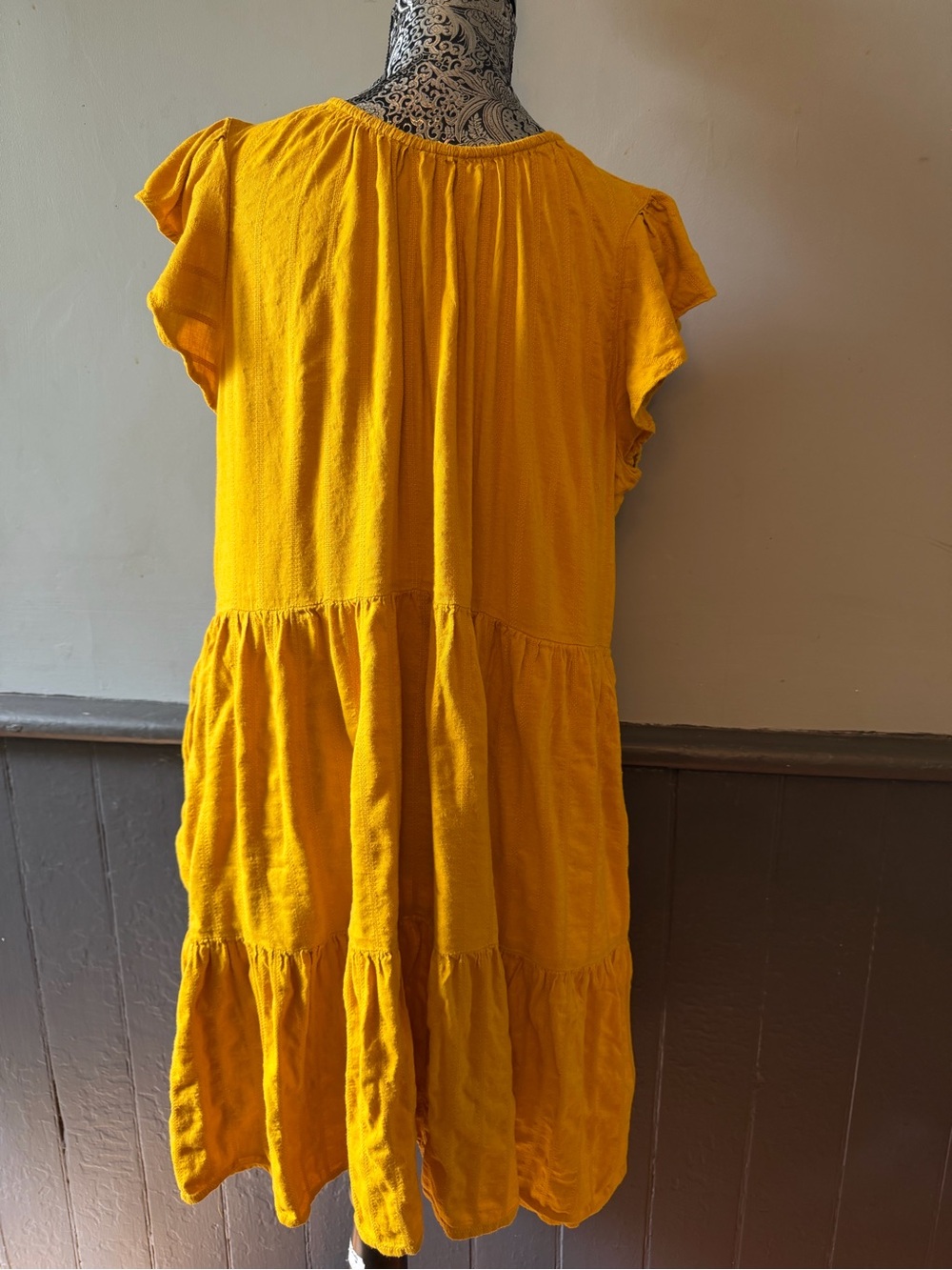 Time and Tru Mustard Yellow Tiered Flutter Sleeve Dress with Pockets